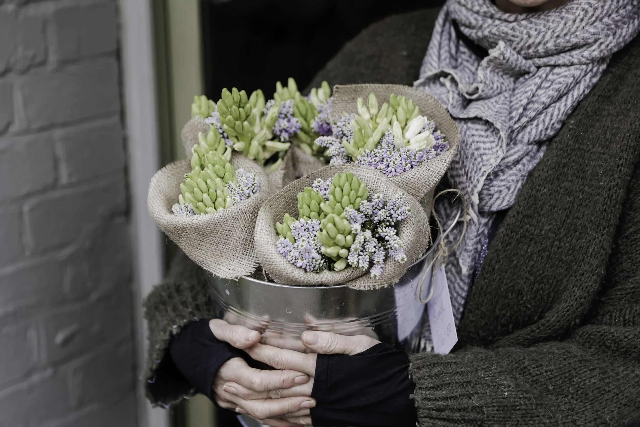 Person holding potted bouquet of white and purple flowers wrapped in burlap, wearing a gray scarf and a brown sweater, near a gray brick wall.