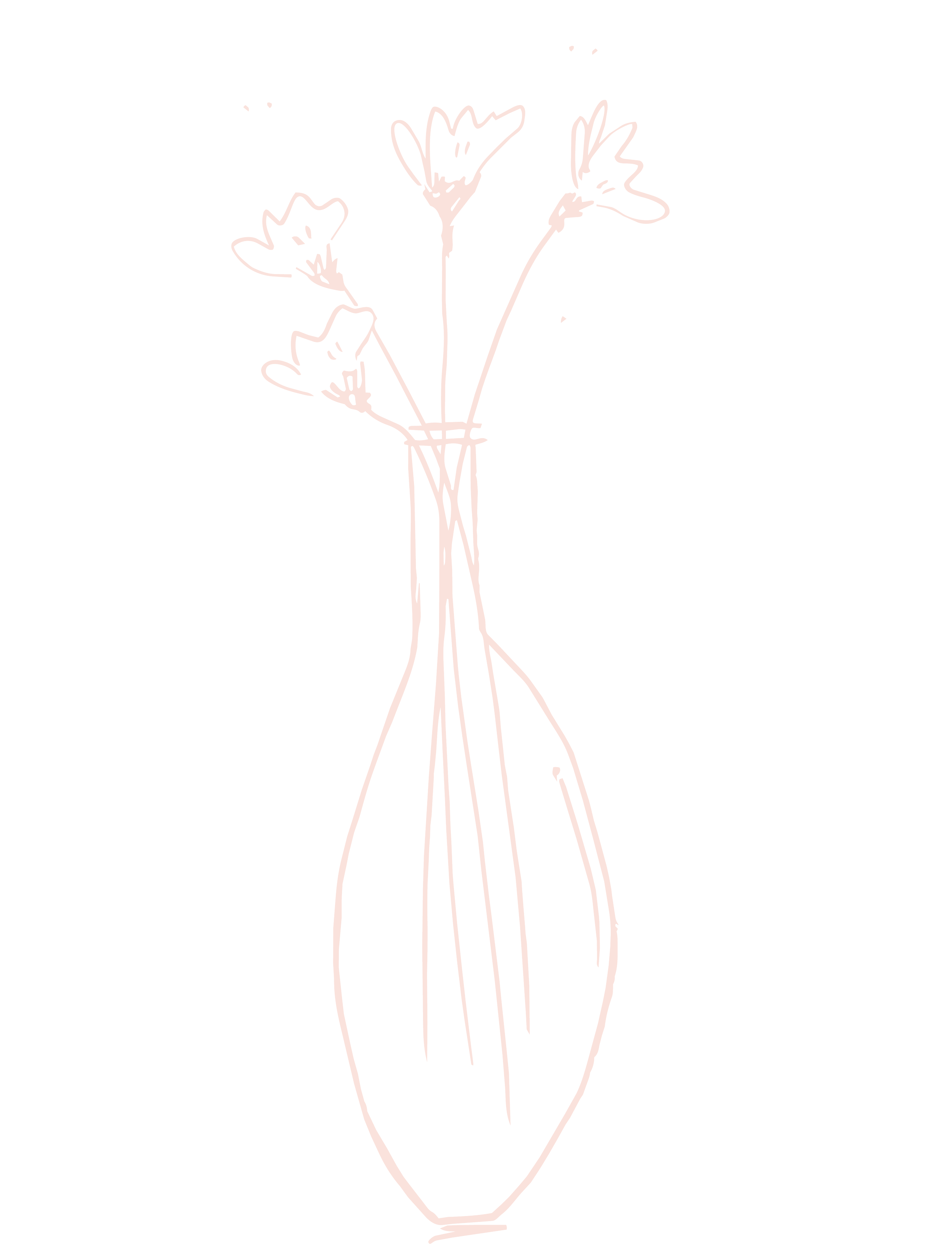 Line drawing of a vase with three flowers against a black background.