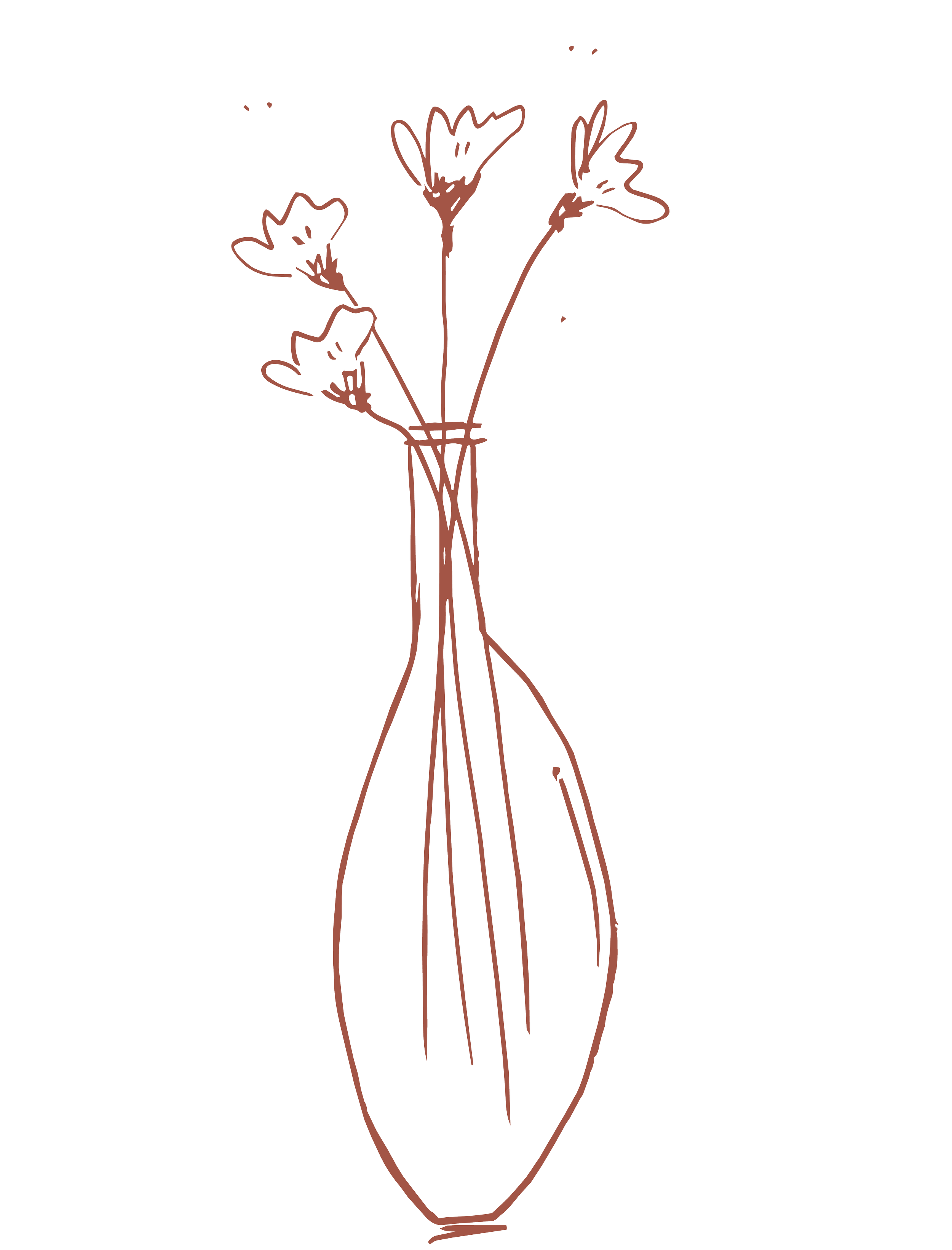 Line drawing of a rectangular vase with flowers, showing their stems and leaves.