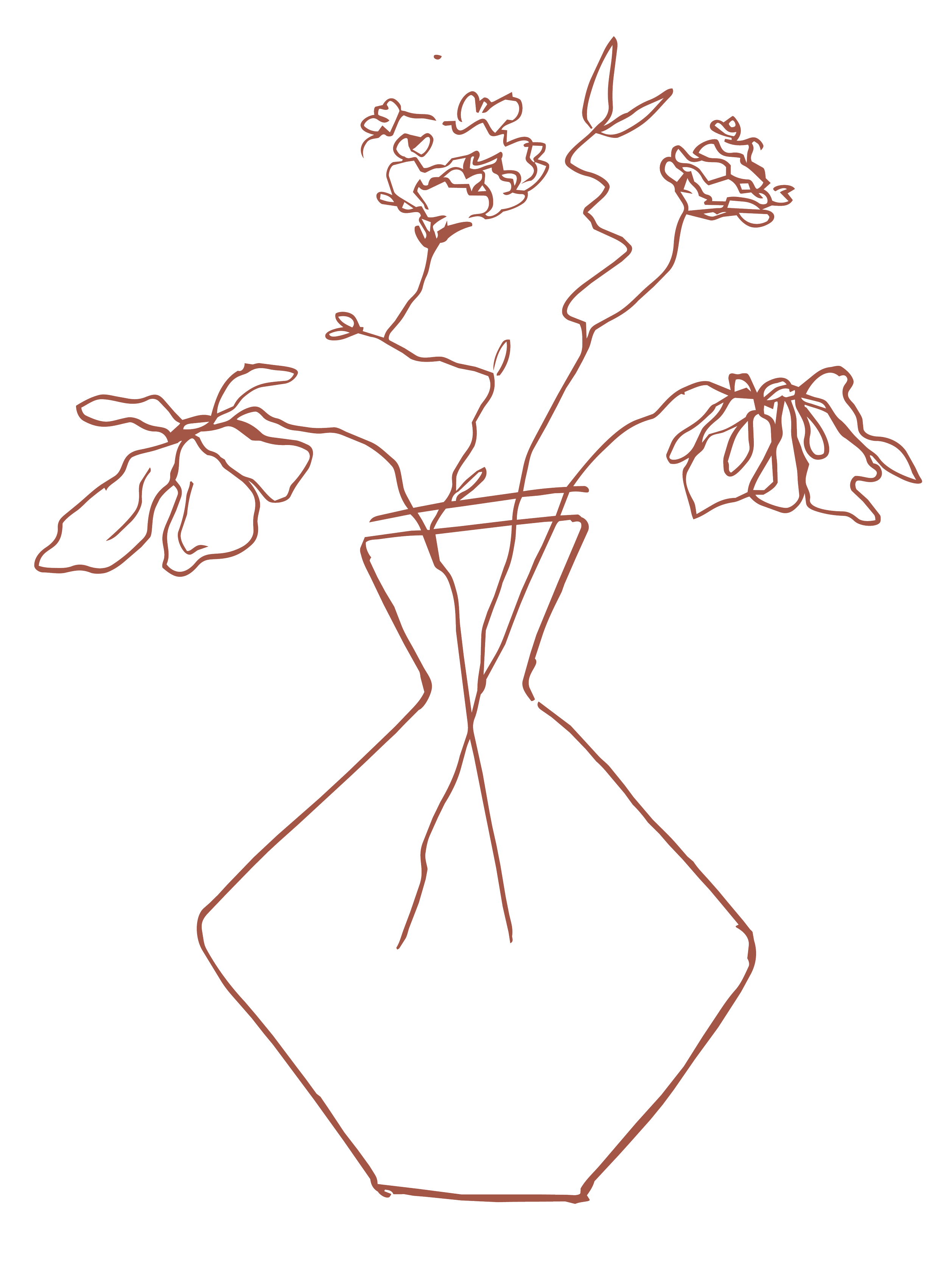 Line drawing of a potted plant with three flowers and several leaves