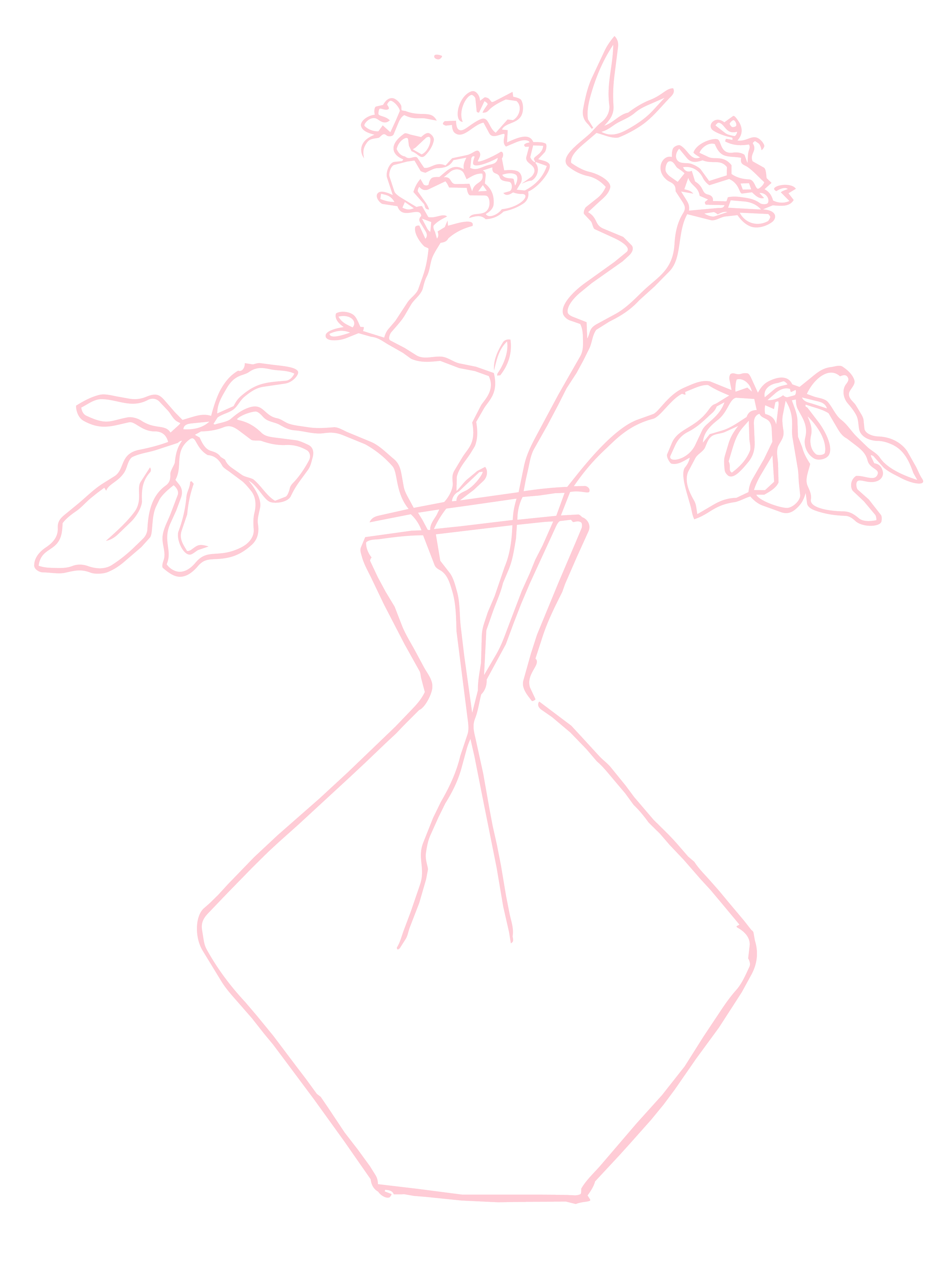 A minimalist line drawing of a potted plant with three flowers on black background, rendered in light pink lines.