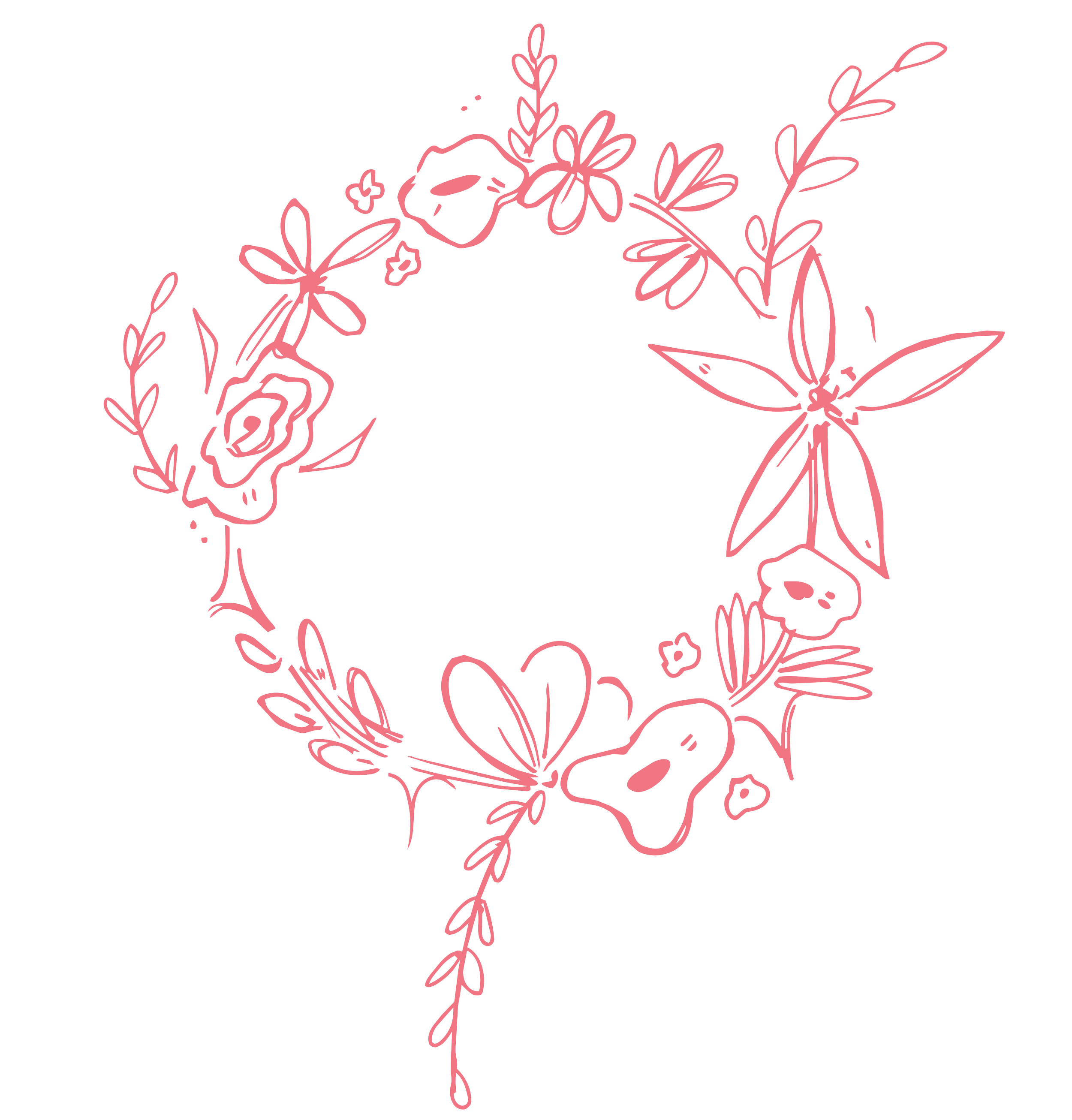 A pink outline drawing of a floral crown with flowers, leaves, butterflies, and a skull on the right side, on a black background.