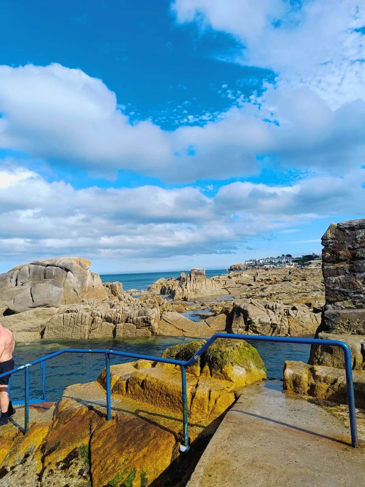A rocky seaside landscape with a small pool of water in the foreground, a blue metal railing, and a view of the ocean with distant buildings on the horizon under a partly cloudy sky.