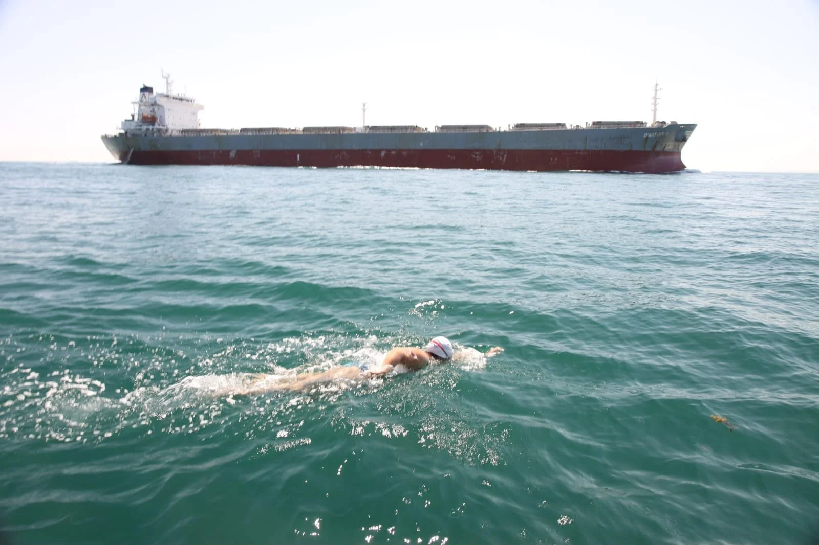 A person swimming in open water with a large cargo ship in the background.