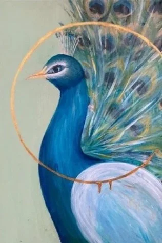 Peacock painting mural on wall with expressive feathers and gold leaf 