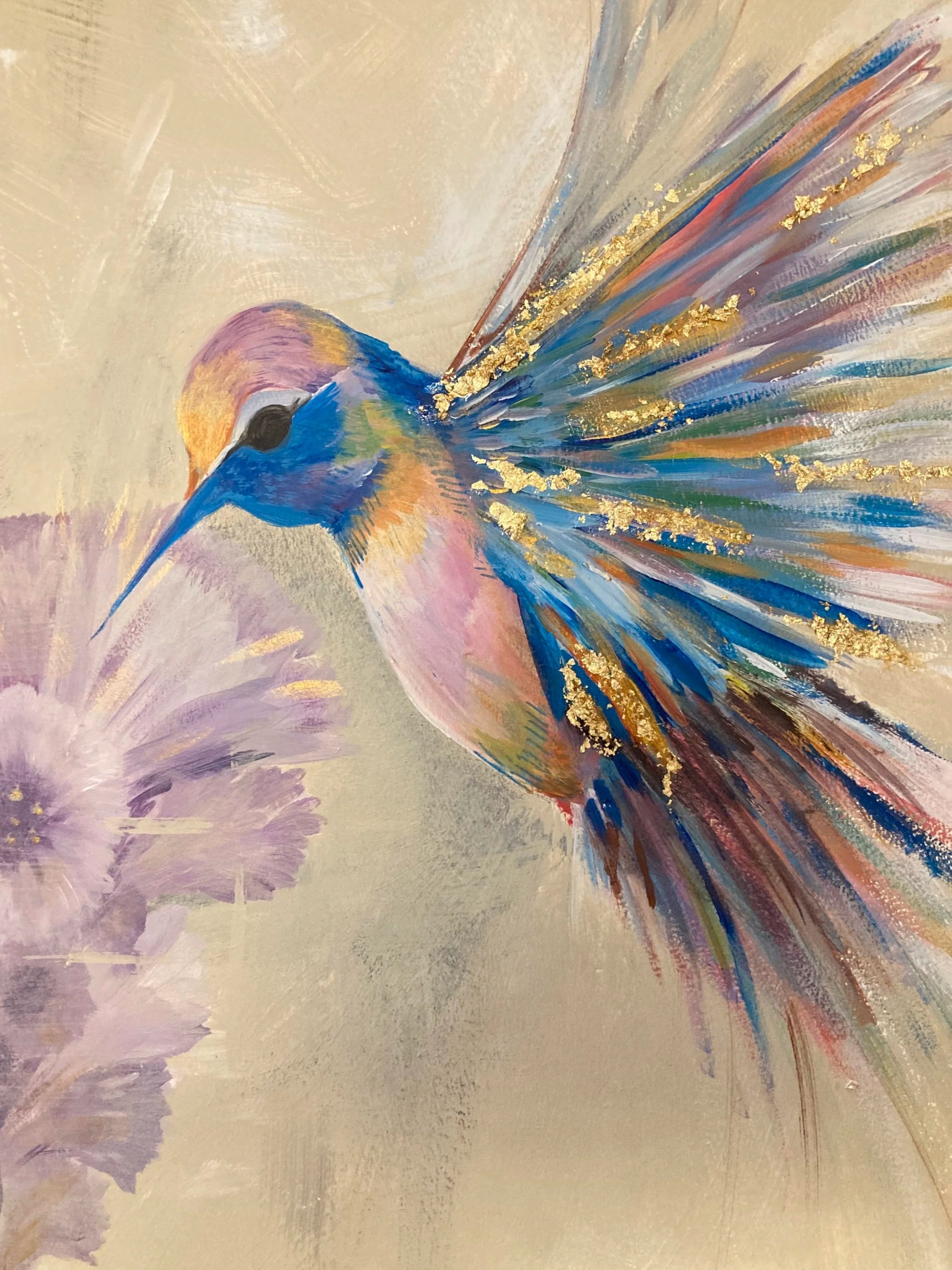 Abstract painting of a colorful bird, likely a kingfisher, with gold accents and soft pastel background.