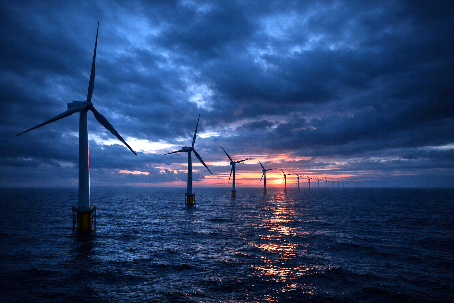 Offshore wind turbines standing in the ocean at sunset, representing clean energy generation and the global energy transition.