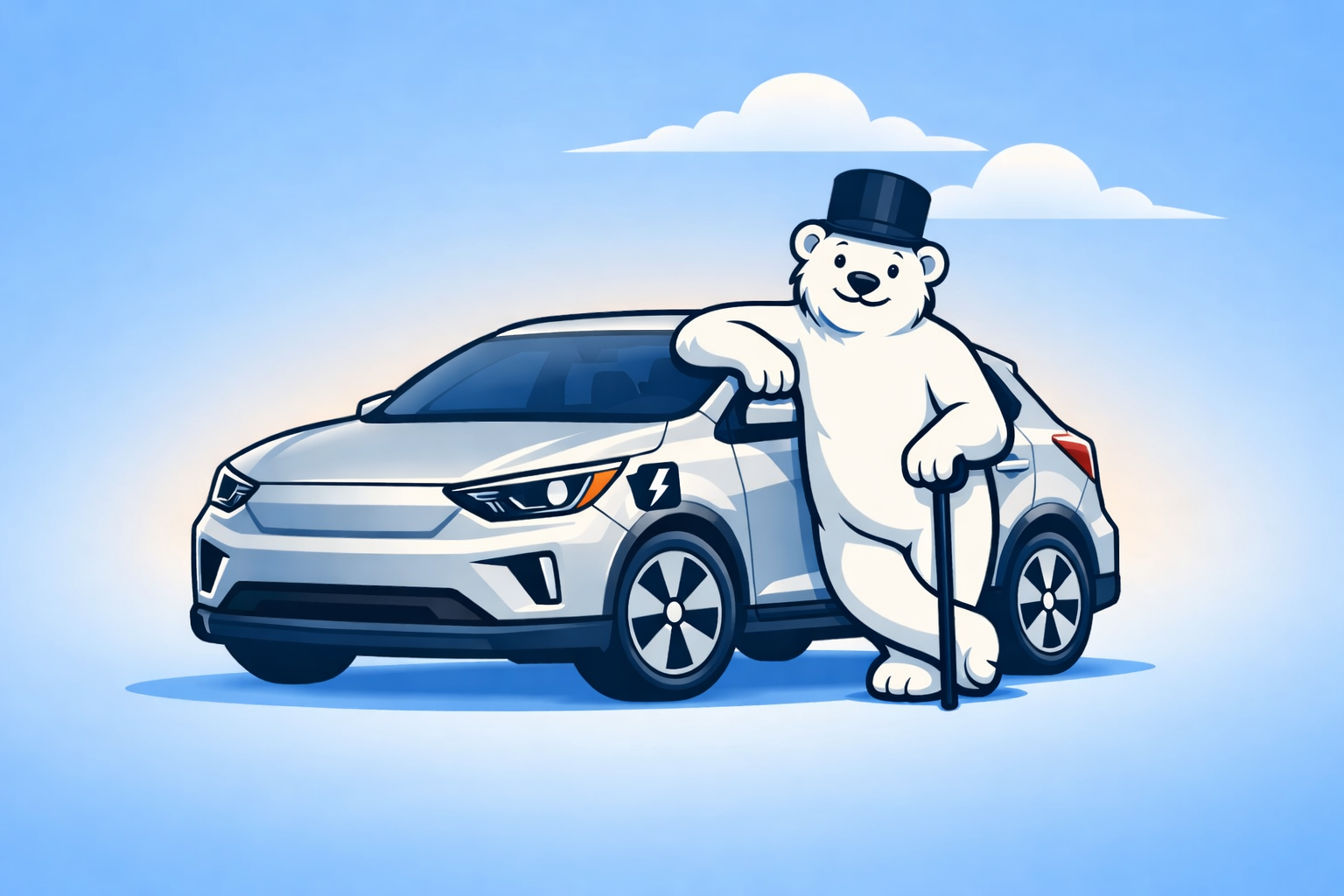 Gentleman polar bear with EV
The Climate Layer podcast mascot, a gentleman polar bear in a top hat, leaning on a modern electric vehicle.