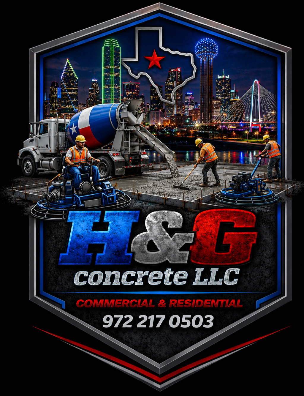 A logo and advertisement for H & G Concrete LLC features construction workers pouring concrete at a city skyline background, with a Texas map and star emblem. The text includes the company's name, service type, and contact number.