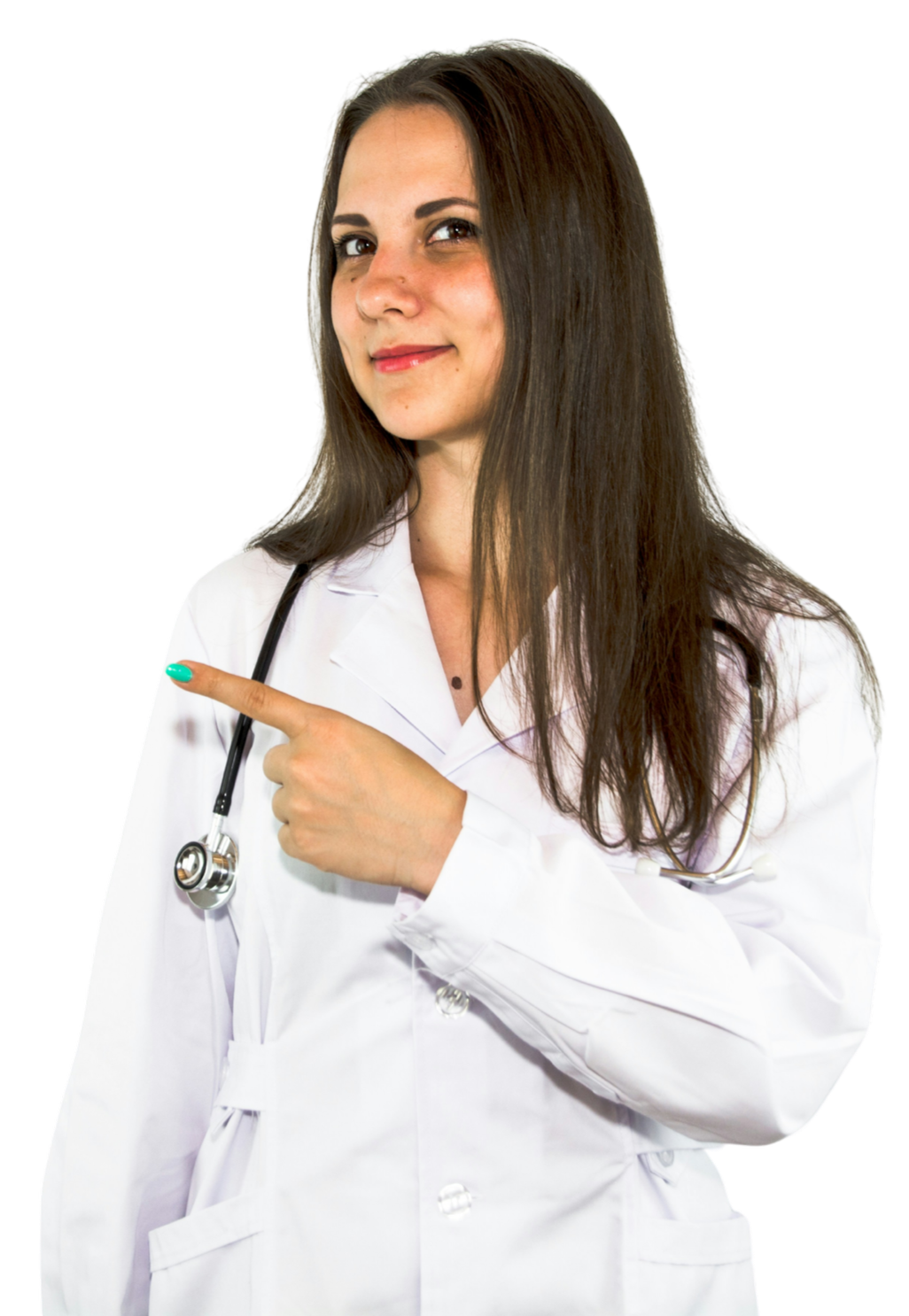 A female doctor pointing to the left, wearing a white coat and stethoscope, with long dark hair