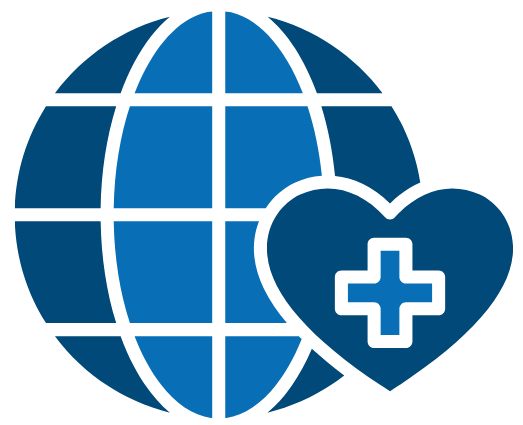 Global health icon with a globe and a heart with a medical cross.