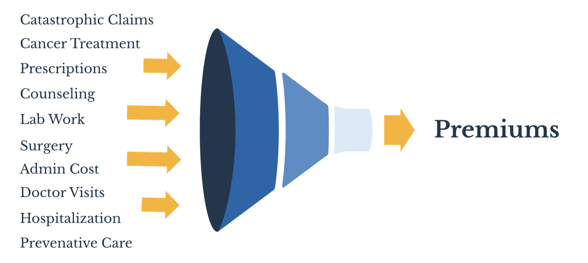 Flowchart showing factors leading to premiums, including catastrophes, cancer treatment, prescriptions, counseling, lab work, surgery, admin costs, doctor visits, hospitalization, preventative care, with yellow arrows pointing from these factors toward a model that results in premiums.