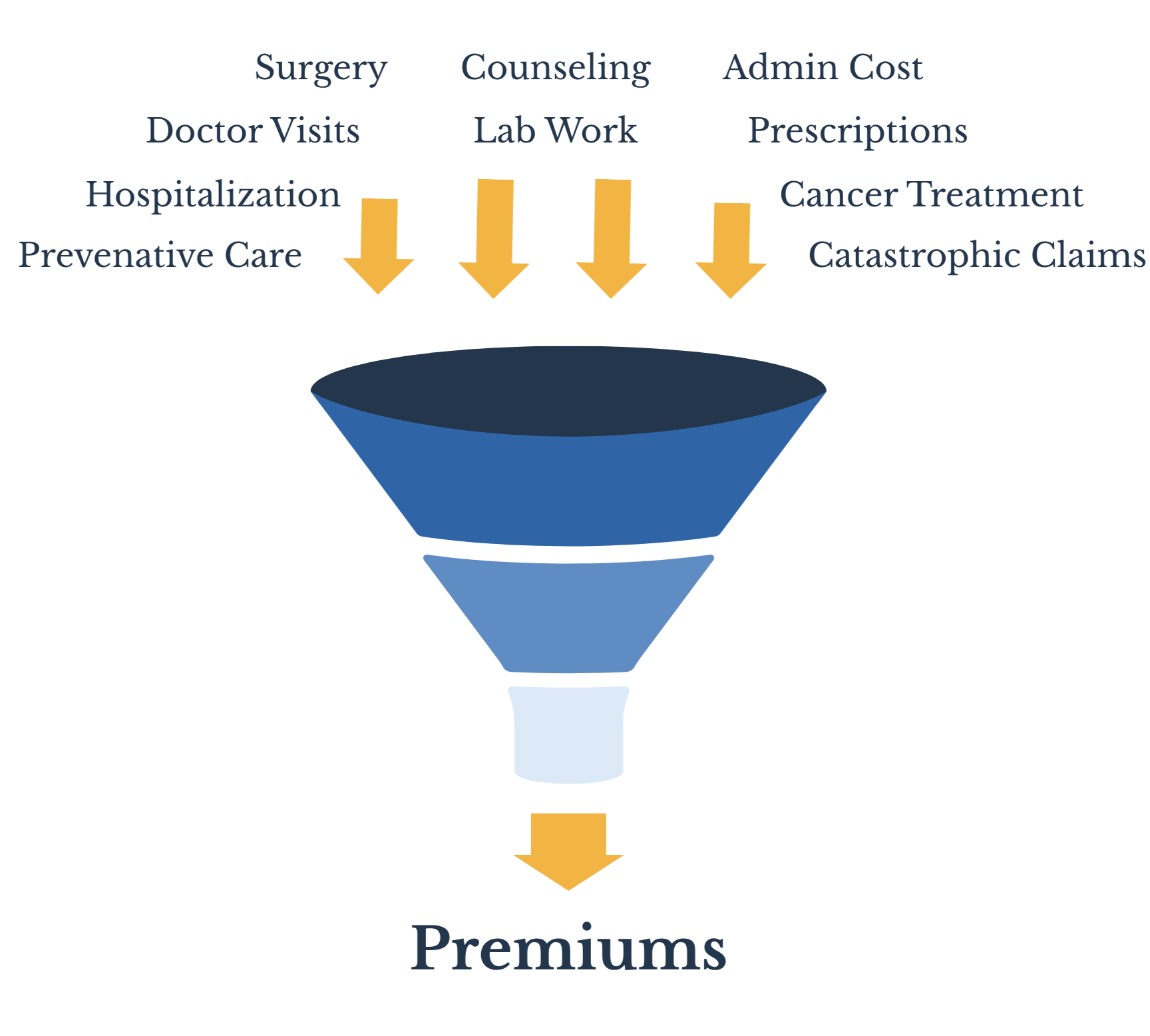 Funnel diagram illustrating the process of healthcare costs and premium generation, including stages like surgery, doctor visits, hospitalization, lab work, prescriptions, catastrophic claims, and ending with the creation of premiums.
