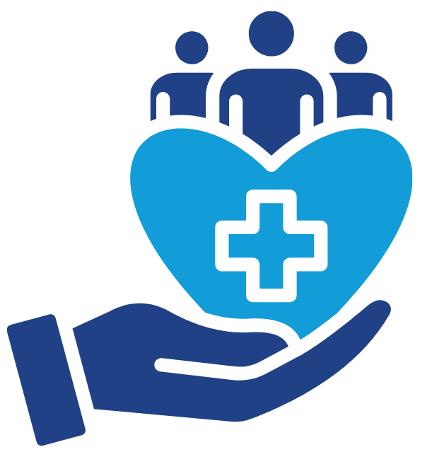 A hand holding a large heart with a medical cross symbol, and three people icons above it, representing healthcare or community support.