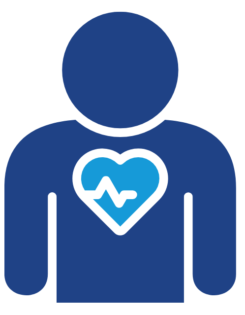 Icon of a person with a heart and heartbeat line on chest, representing health or emergency medical services.