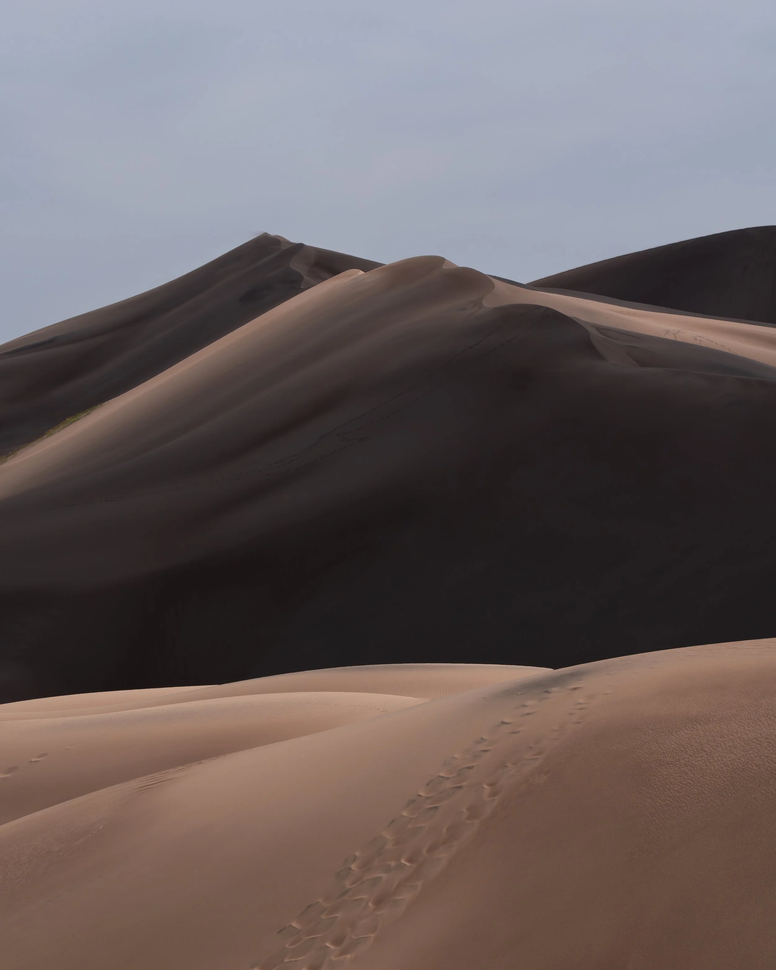Desert sand dunes with footprints leading into the distance under a cloudy sky.