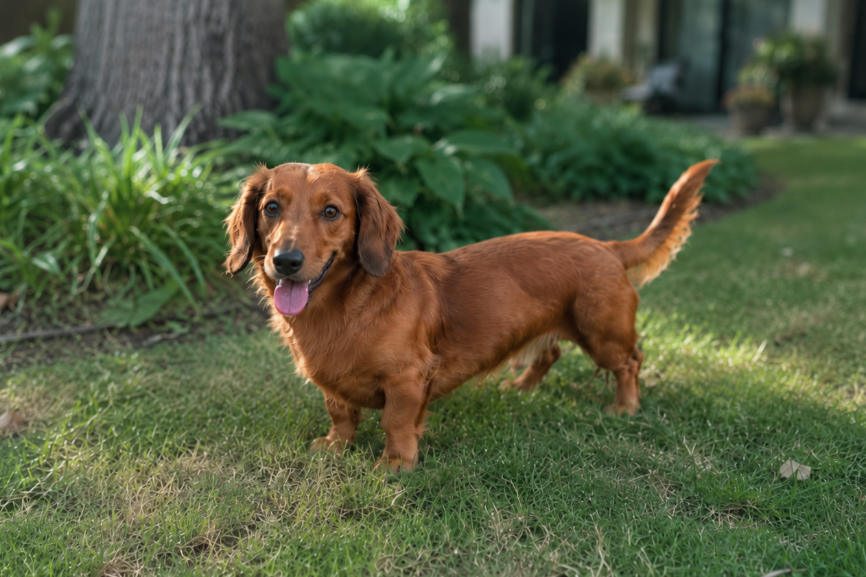 A happy brown dachshund standing on grass in a backyard with green plants and a large tree.