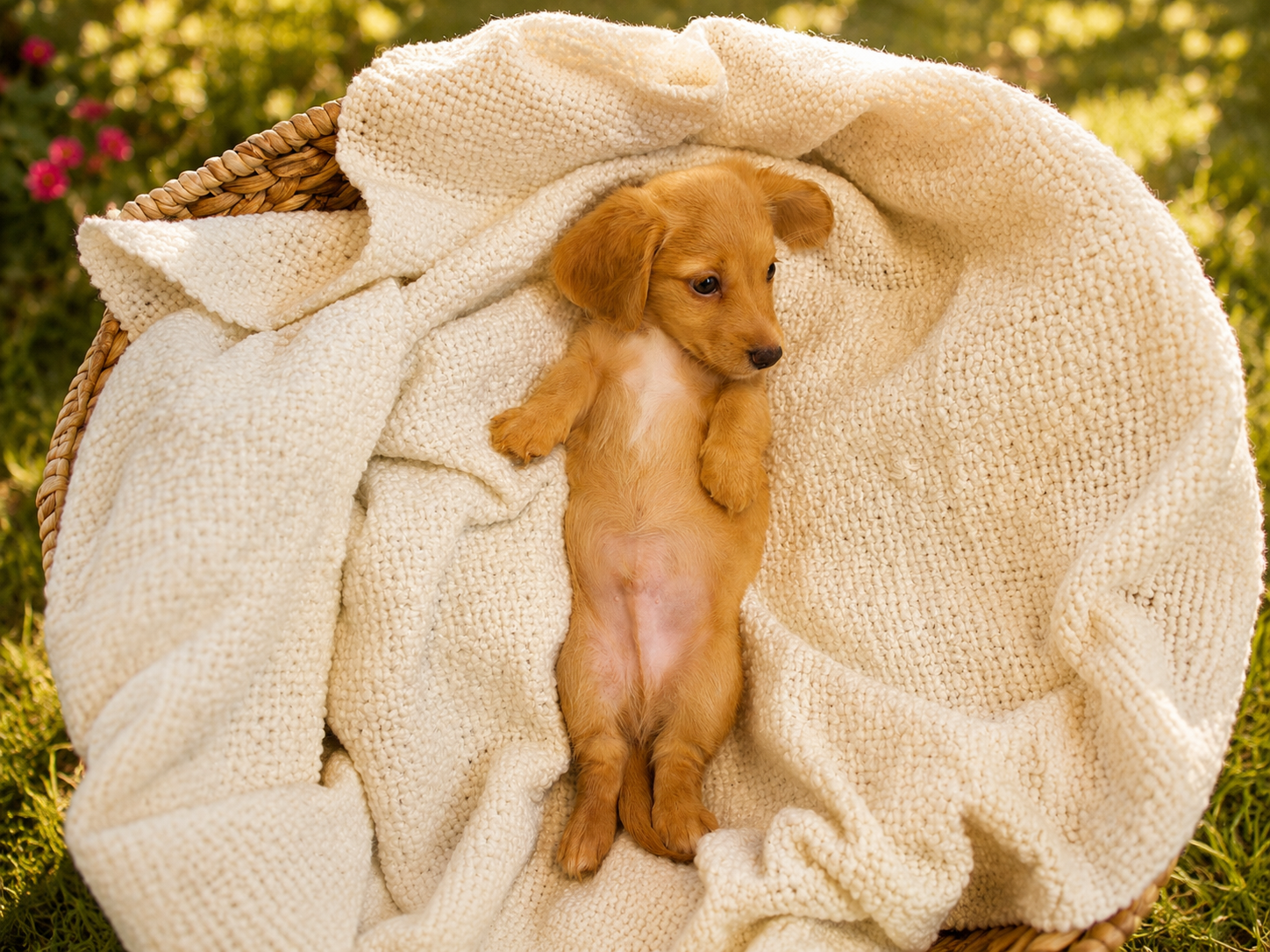 A small cream dachshund puppy lying on its back in a wicker basket, surrounded by soft cream-colored blankets, outdoors on grass with blurred greenery in the background.