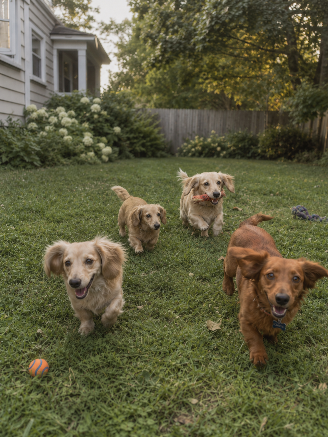 Four dogs running and playing on a grassy backyard, one holding a toy in its mouth, with a house and trees in the background.