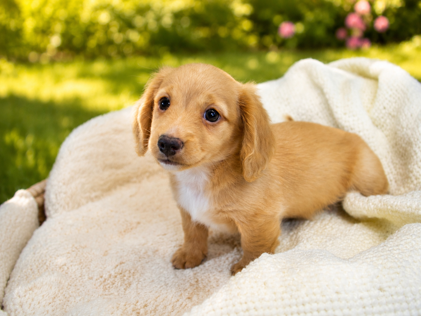 A cute tan puppy with floppy ears lying on a cream-colored blanket outdoors, with green grass and pink flowers in the background.