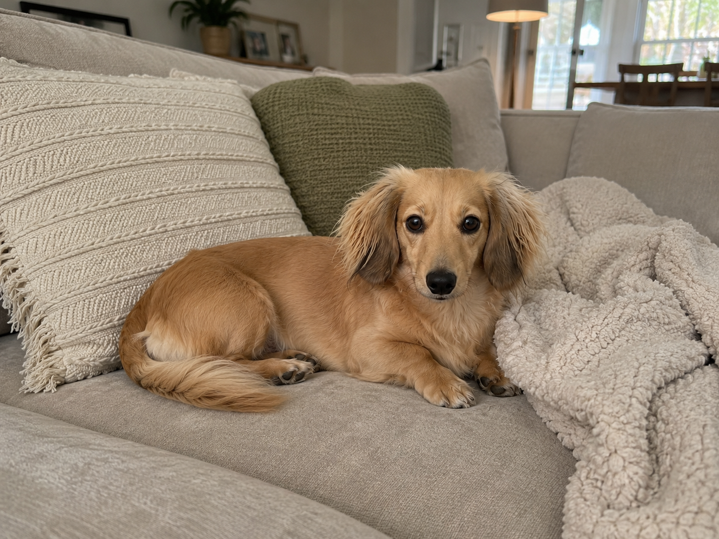 A cute, long-haired shaded cream dachshund lying on a beige sofa with textured pillows in a cozy living room.