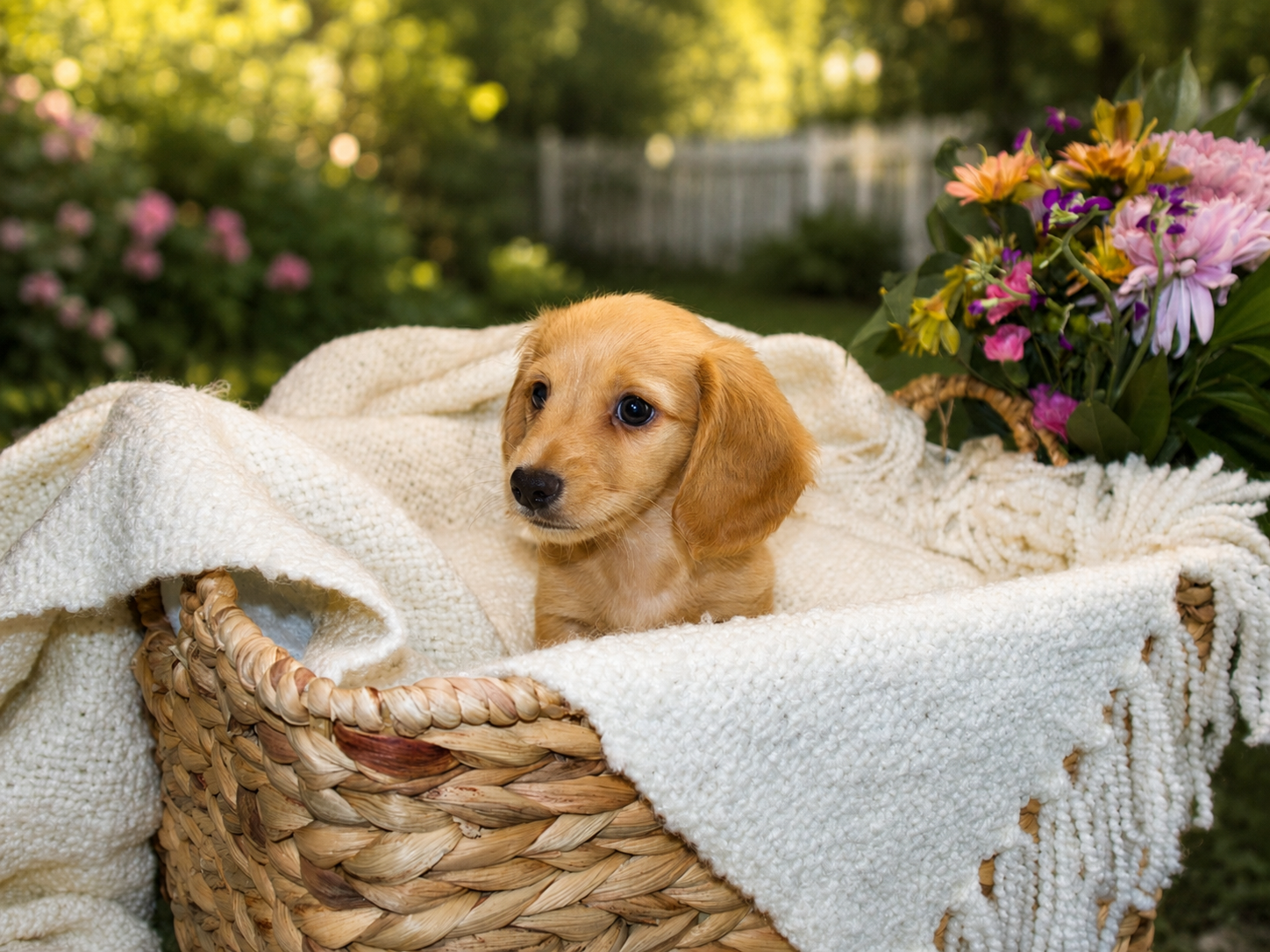 Dachshund puppy sitting in a woven basket lined with a white textured blanket, outdoors in a garden with colorful flowers and greenery in the background.