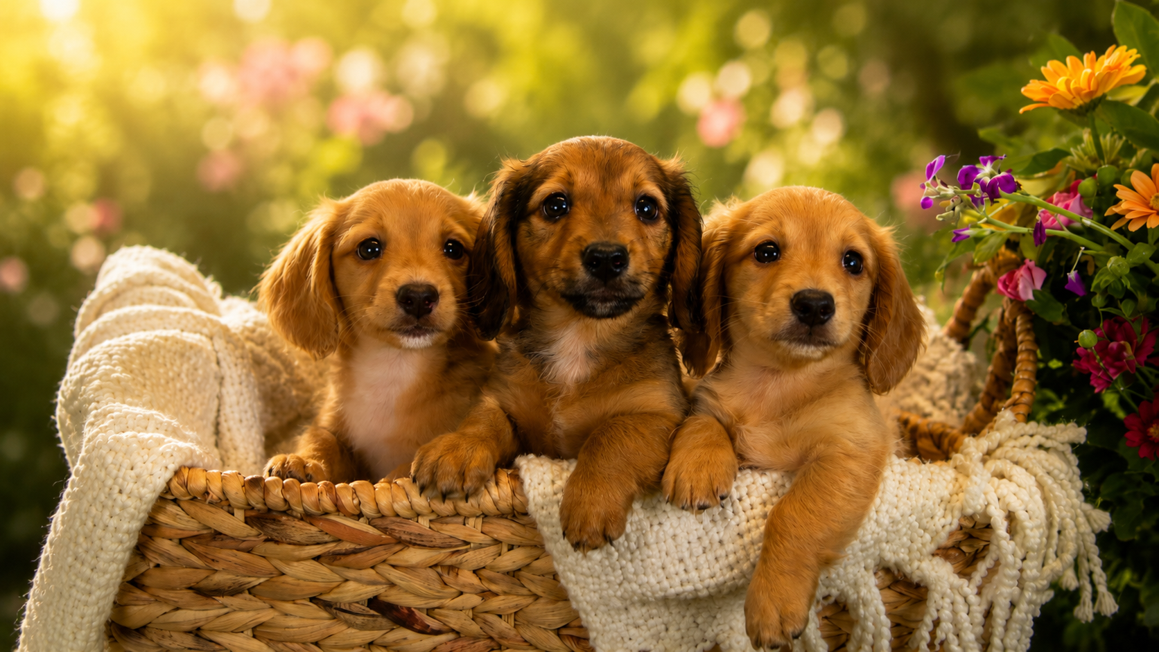 Three adorable dachshund puppies in a wicker basket with a cream blanket, surrounded by flowers and greenery, soft sunlight.