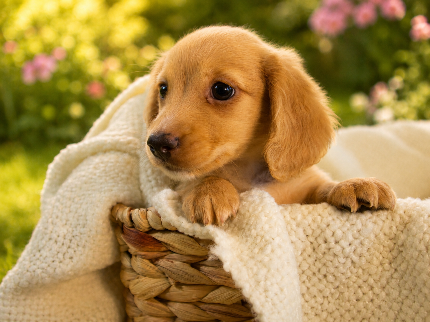 A cream dachshund puppy lying in a basket with a white blanket, outdoors with pink flowers and green foliage in the background.