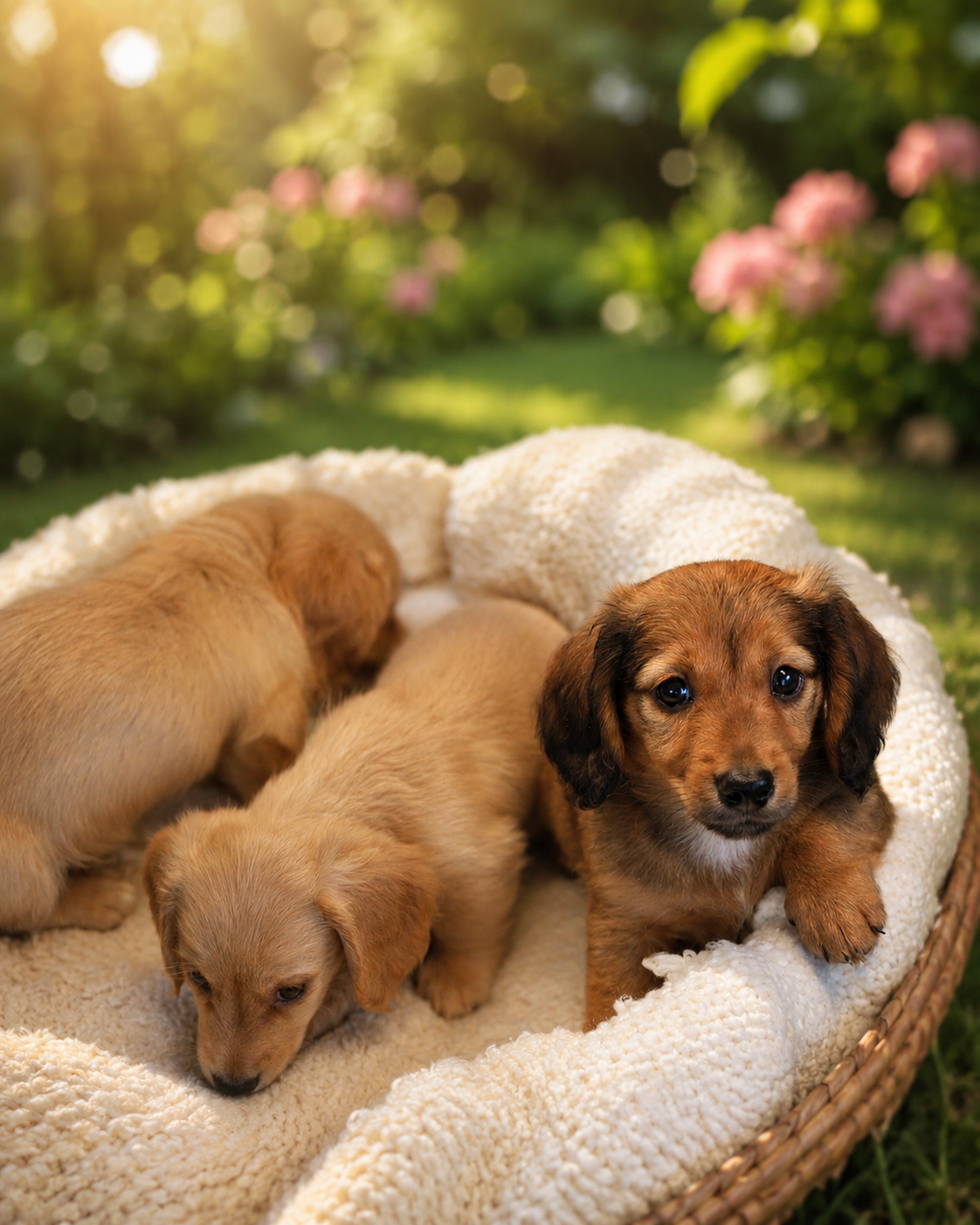 Three puppies, two cream dachshund puppies and one shaded cream puppy, lying in a cozy bed outdoors with a garden and pink flowers in the background.