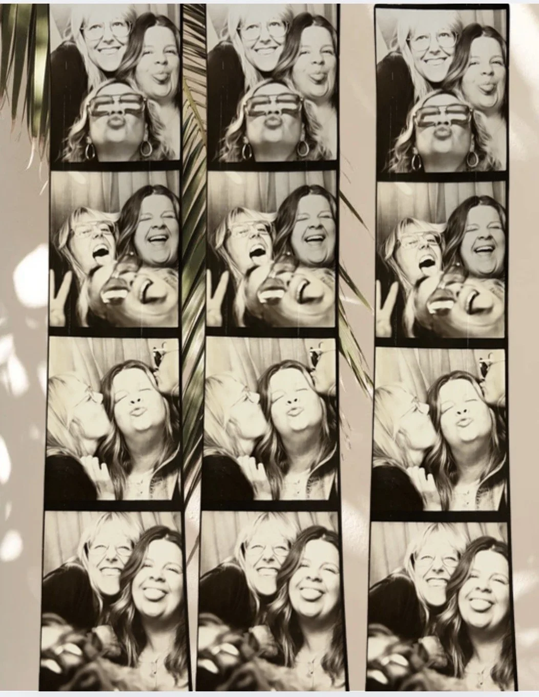 Photo booth strips showing four different women making funny faces, kissing, and smiling in a series of playful poses.