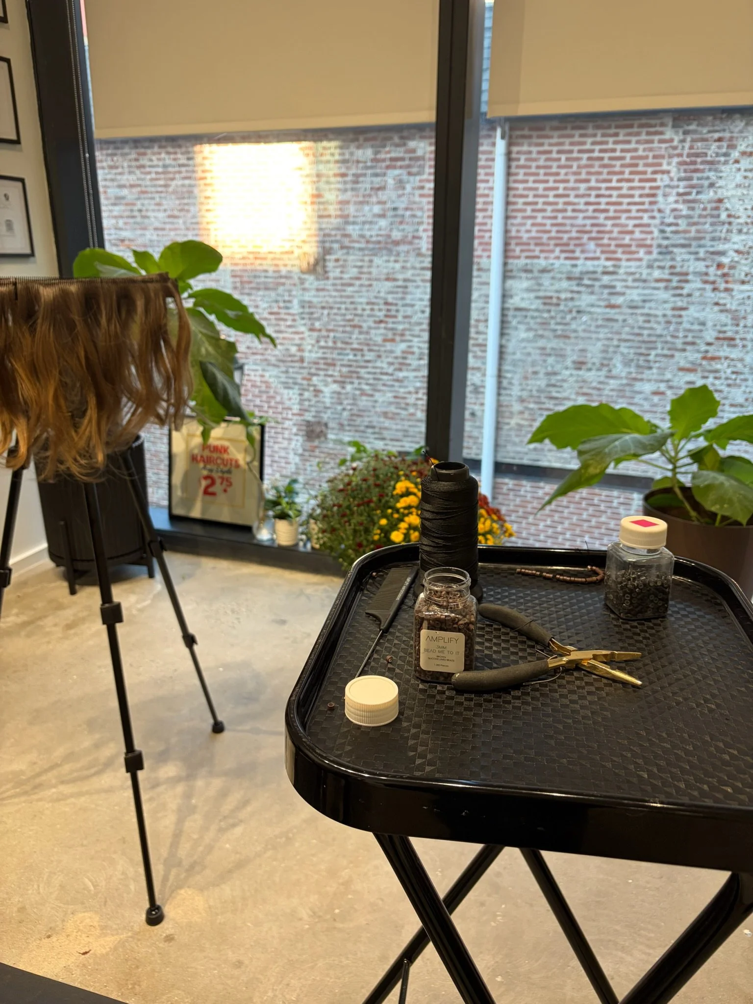 Hair Extension Supplies displayed on a tray in front of hair extensions with floor to ceiling windows and plants in the background
