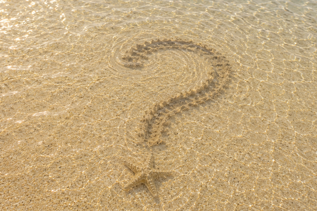 Question mark drawn in beach sand with a starfish and gentle waves, representing frequently asked questions about notary and apostille services.