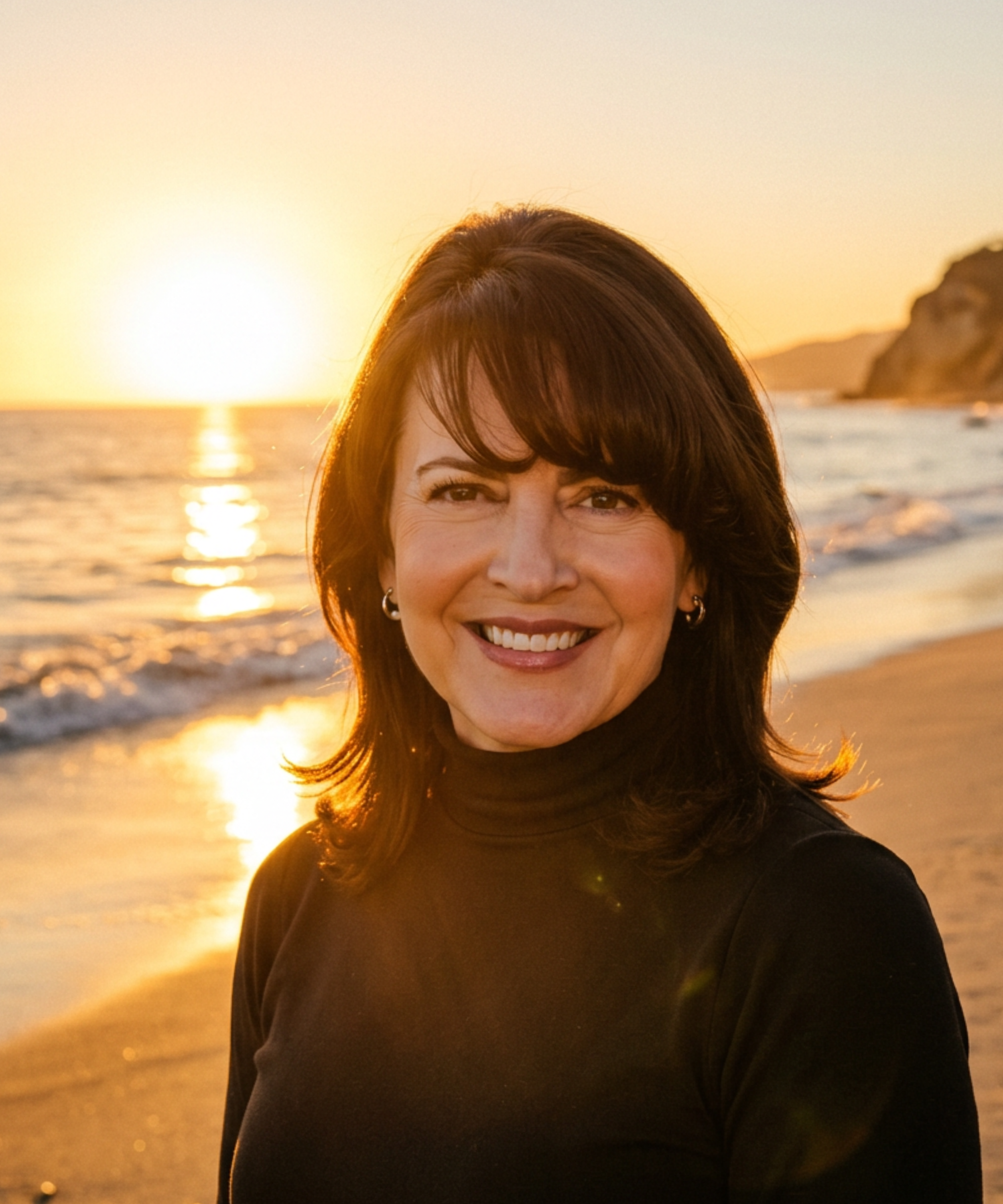 Janette Sedaker, founder of The Coastal Notary, photographed on a Southern California beach at sunset.