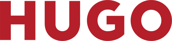 The word "HUGO" in bold, red, uppercase letters on a black background.