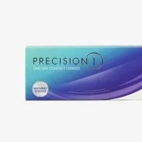 Box of Precision 1 contact lenses in blue and purple packaging.