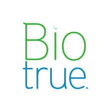Logo with the words 'Bio true' in green and blue text.