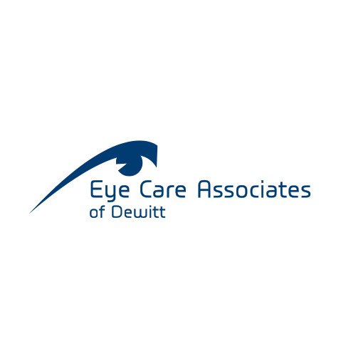 A logo for Eye Care Associates of Dewitt featuring an eye graphic and blue text.