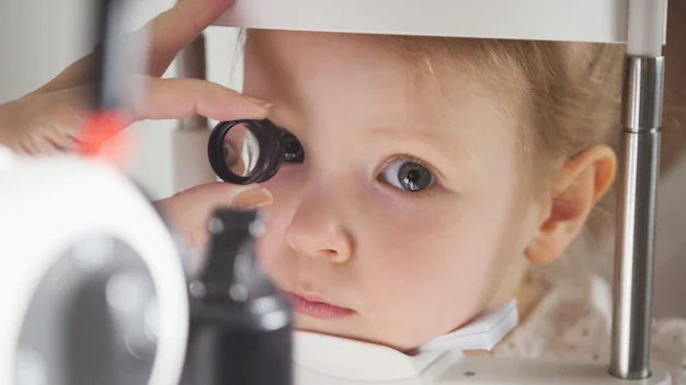 Child undergoing an eye exam, looking through a handheld ophthalmoscope