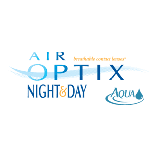 Logo for Air Optix Night & Day Aqua breathable contact lenses, featuring blue and orange text with wave design and water droplet icon.