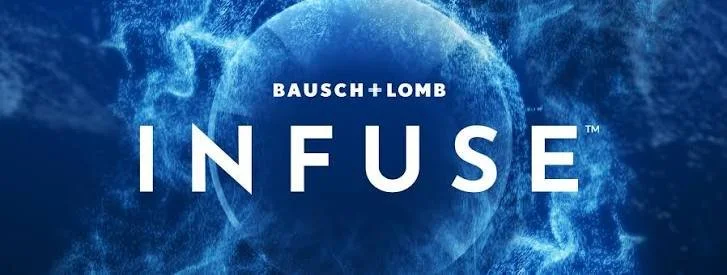Bausch + Lomb Infuse eye care product advertisement with a blue water-themed background and white text.