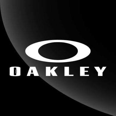 Oakley logo with a stylized 'O' symbol and the brand name in bold letters on a black background.