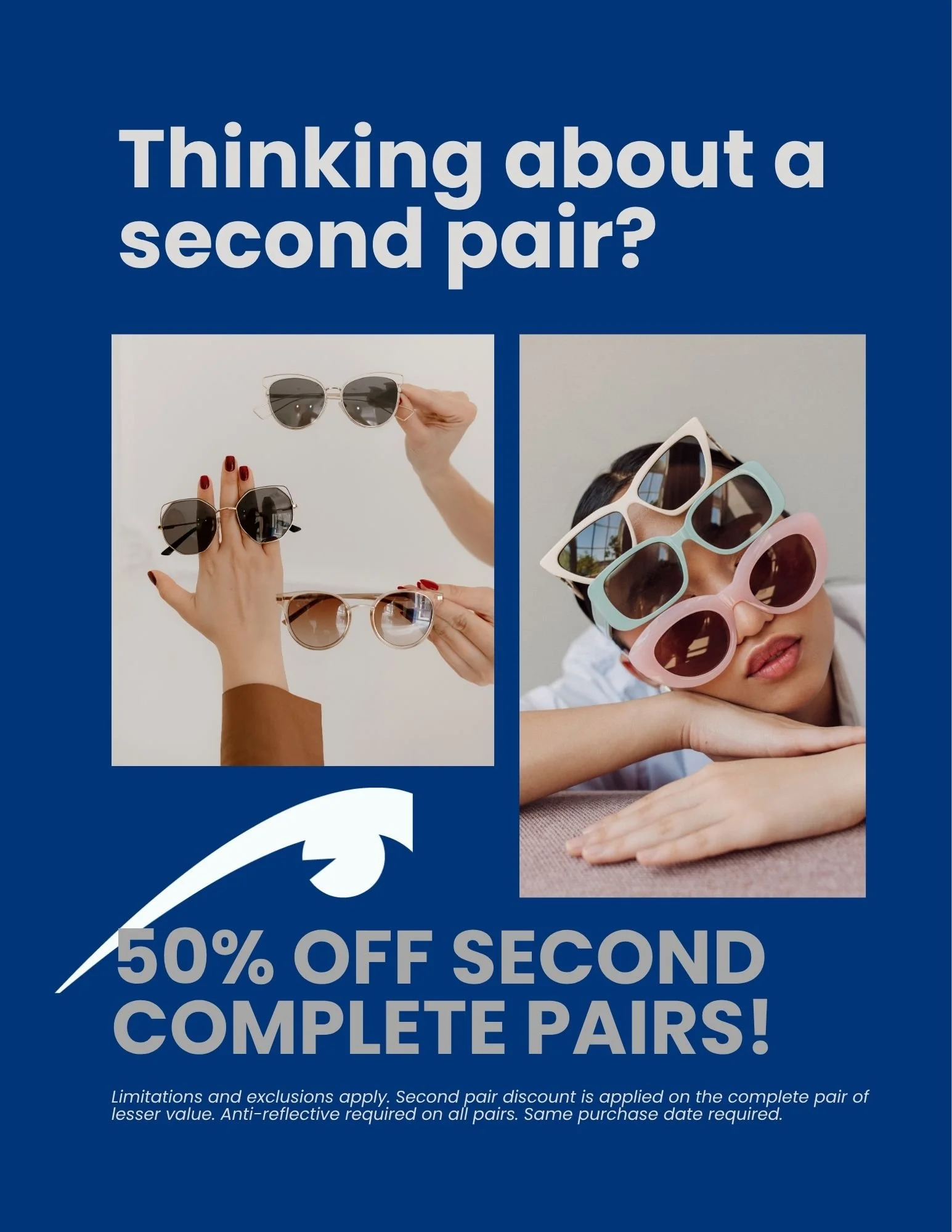 Promotional advertisement offering 50% off on second complete pairs of sunglasses, with images of various sunglasses and a person wearing oversized sunglasses.