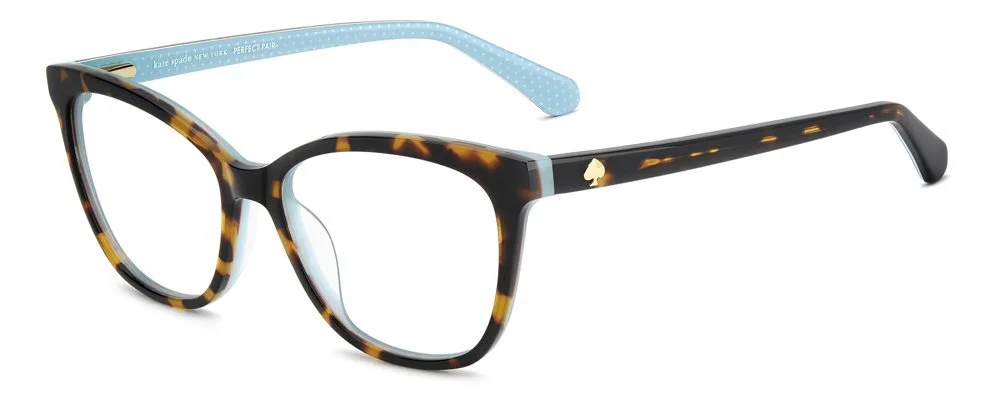 A pair of tortoiseshell eyeglasses with black and brown frames and light blue ear tips, featuring a small gold spade symbol on the arm.