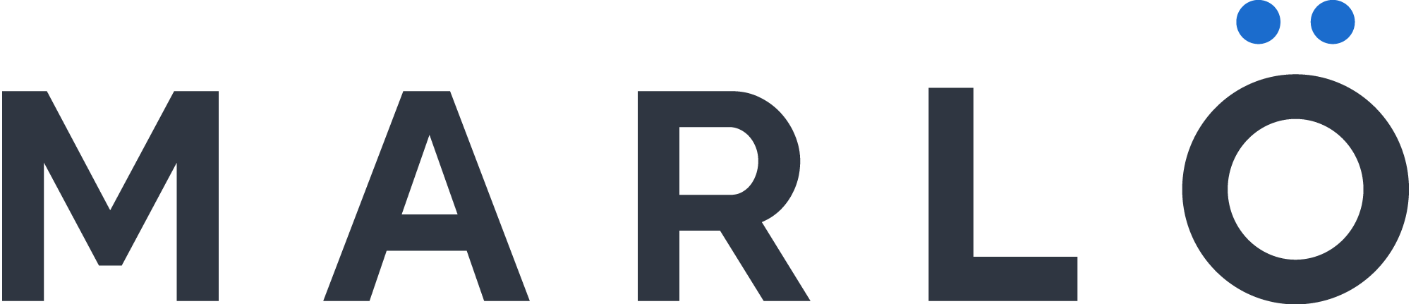 Logo with the word 'MARLO' in large, bold, dark gray letters and two small blue circles above the 'O'.