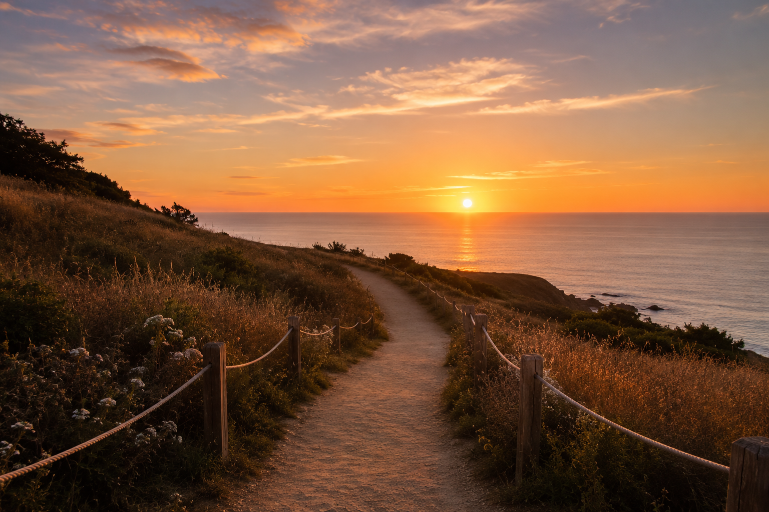 Sentier côtier menant à la plage au coucher de soleil, illustrant le chemin de la thérapie