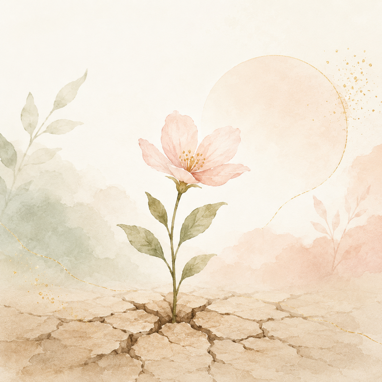 Illustration d'une fleur qui pousse dans une terre craquelée, symbolisant la reconstruction et la résilience après un traumatisme ou une épreuve de vie.
