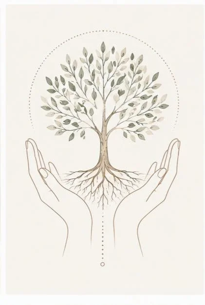 Illustration d'un arbre porté par des mains, symbolisant la thérapie ICV, la sécurité intérieure et l'intégration des expériences de vie.