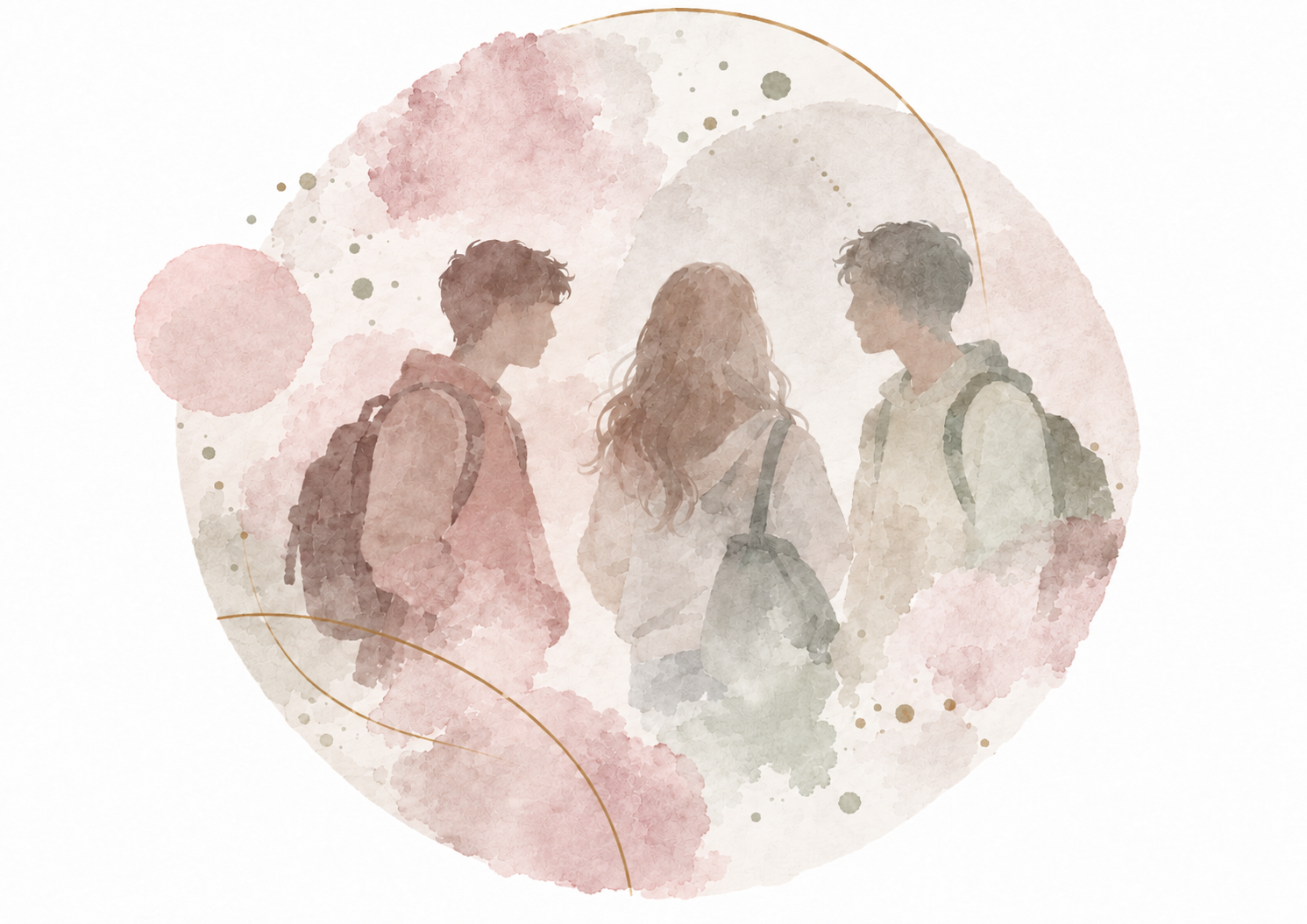 Une illustration aquarelle de trois adolescents se tenant face à face, deux hommes et une femme, portant des sacs à dos, dans une scène artistique et douce avec des tons pastel.