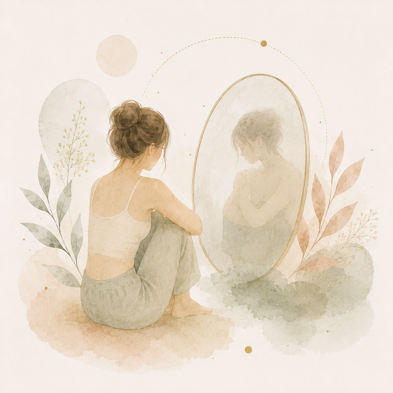 Illustration douce d'une femme face à un miroir, évoquant le rapport au corps dans les troubles du comportement alimentaire, l'anorexie et la boulimie.