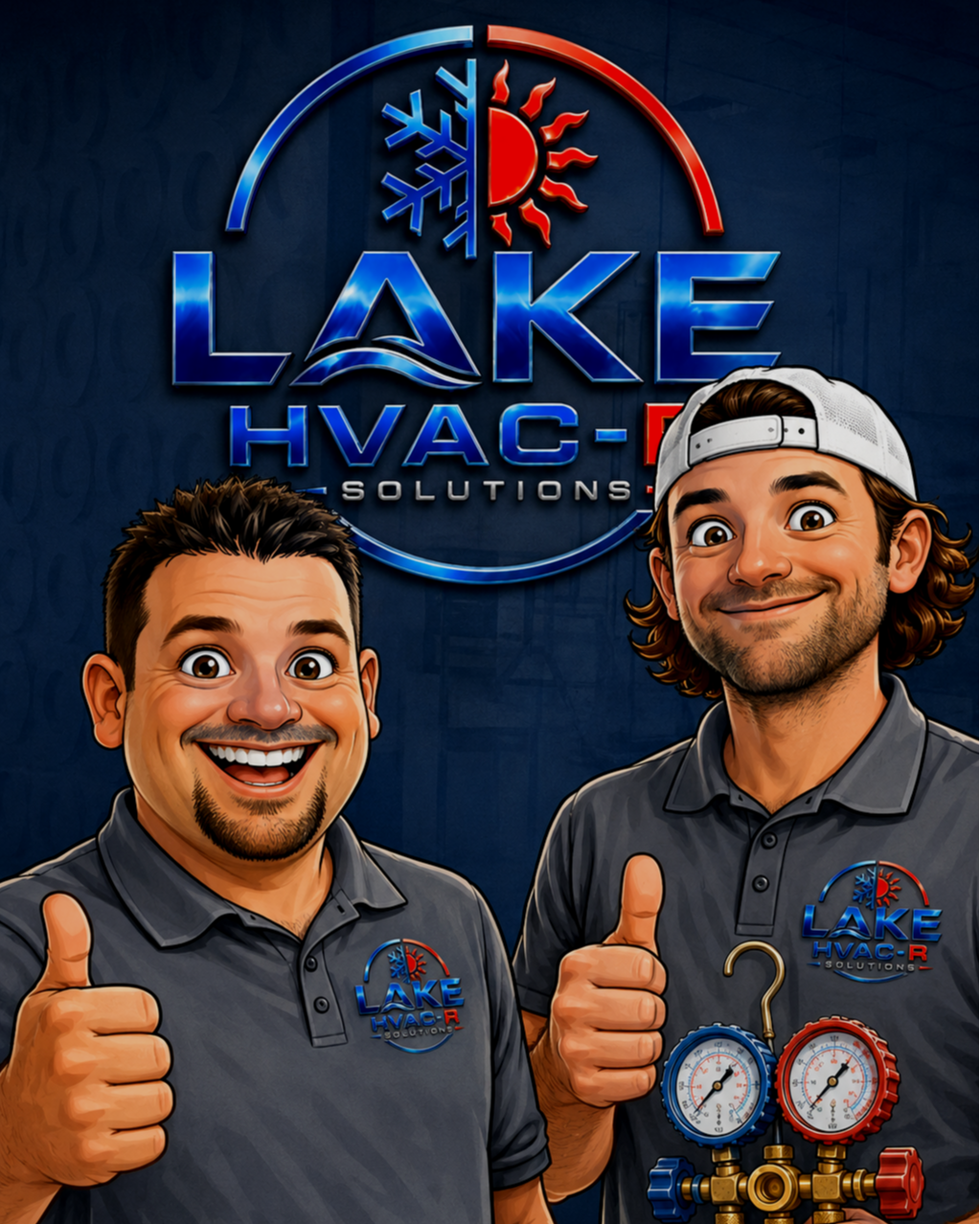 Two smiling men in gray shirts giving thumbs up in front of a sign for Lake HVAC Solutions, with a logo featuring a snowflake, sun, and HVAC gauges.